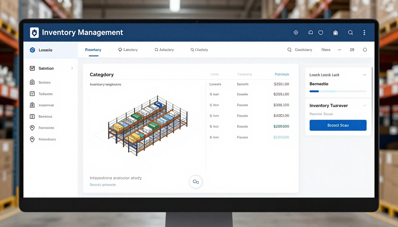 Inventory management dashboard with stock levels and warehouse locations