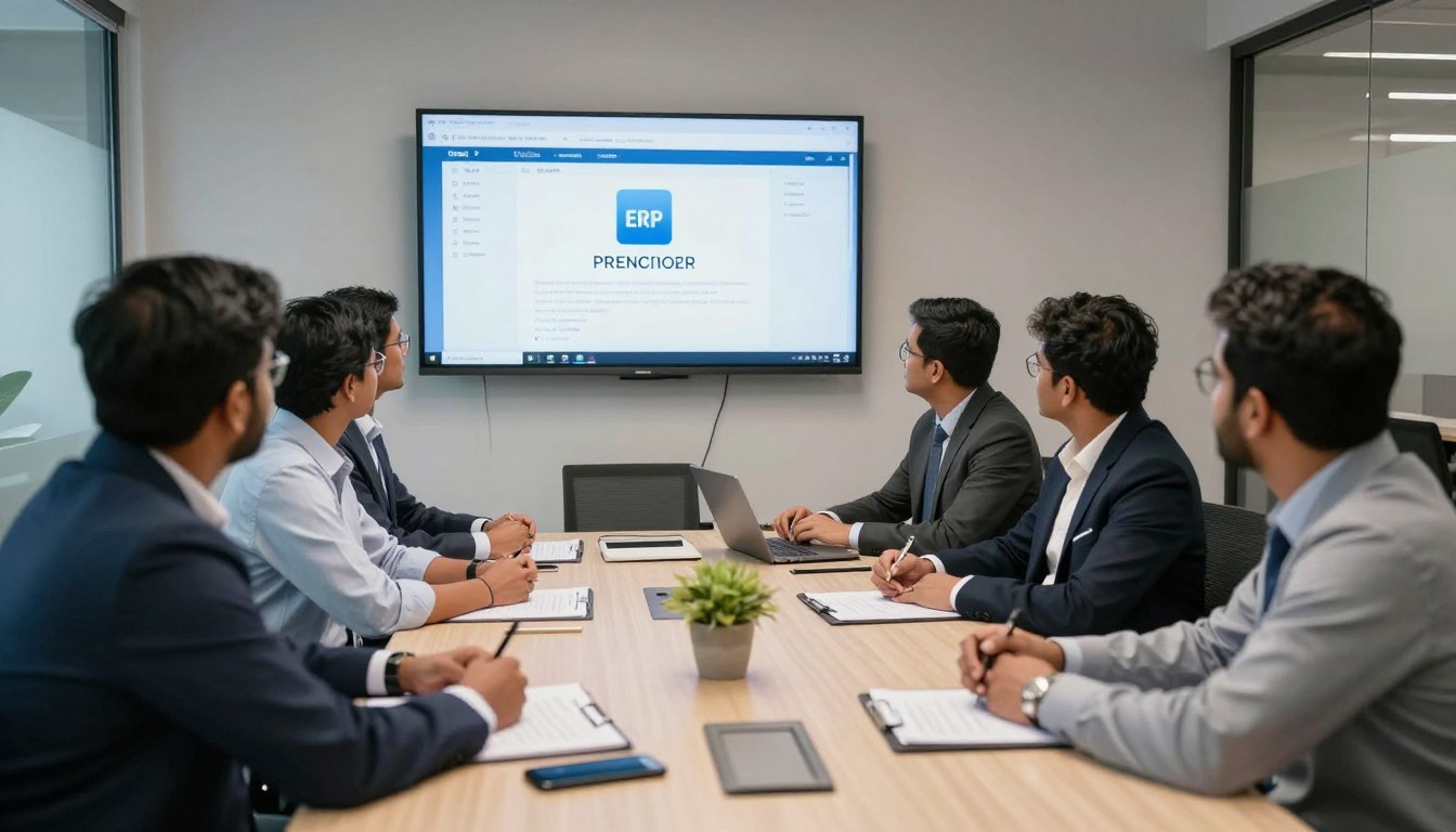 Business team evaluating and selecting ERP software vendor