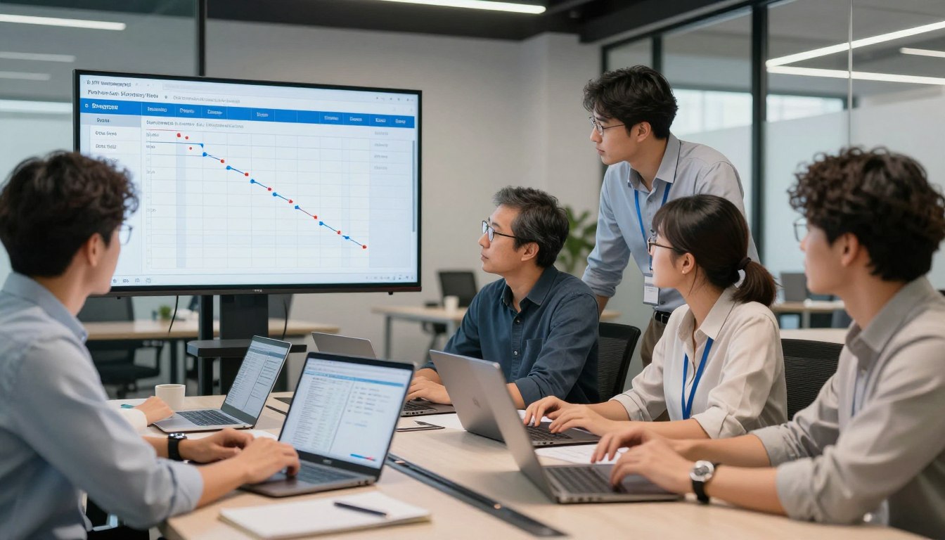 ERP implementation team working on project deployment