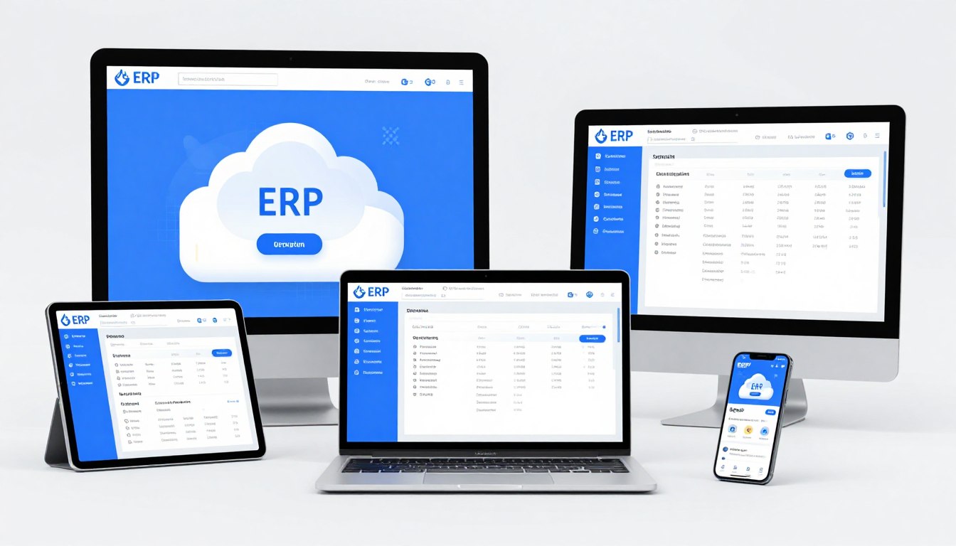 Different types of ERP software solutions displayed on multiple devices