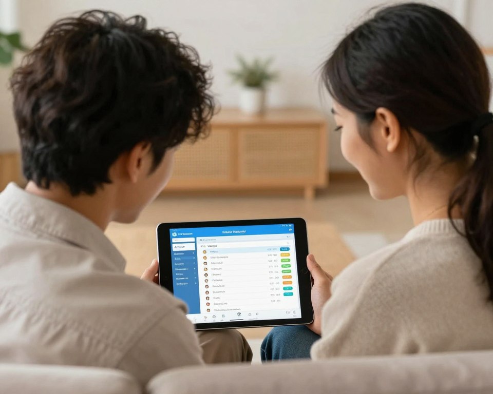 Happy parents using school mobile app together