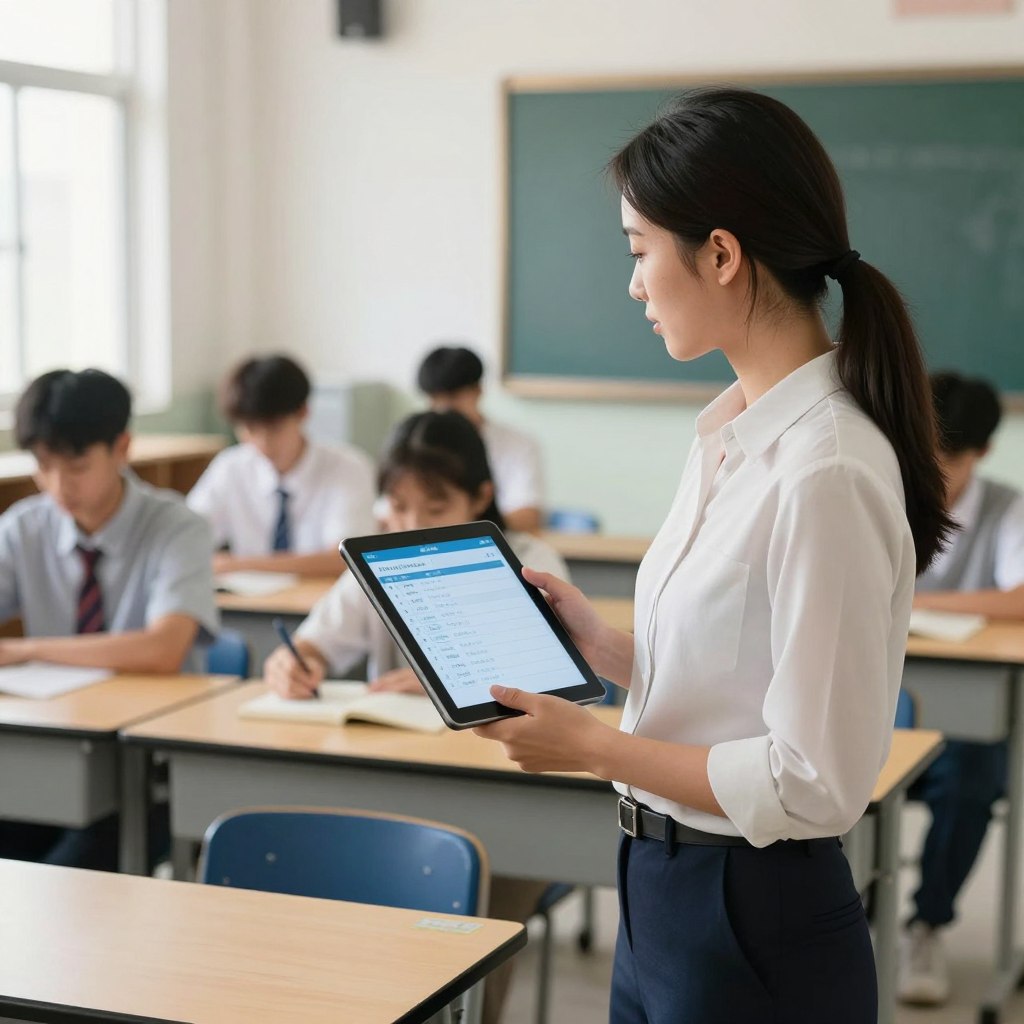 Teacher using mobile device to mark student attendance