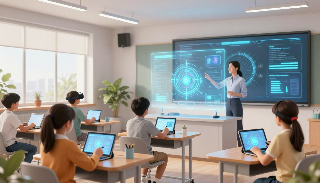 Futuristic digital classroom with AI and advanced technology