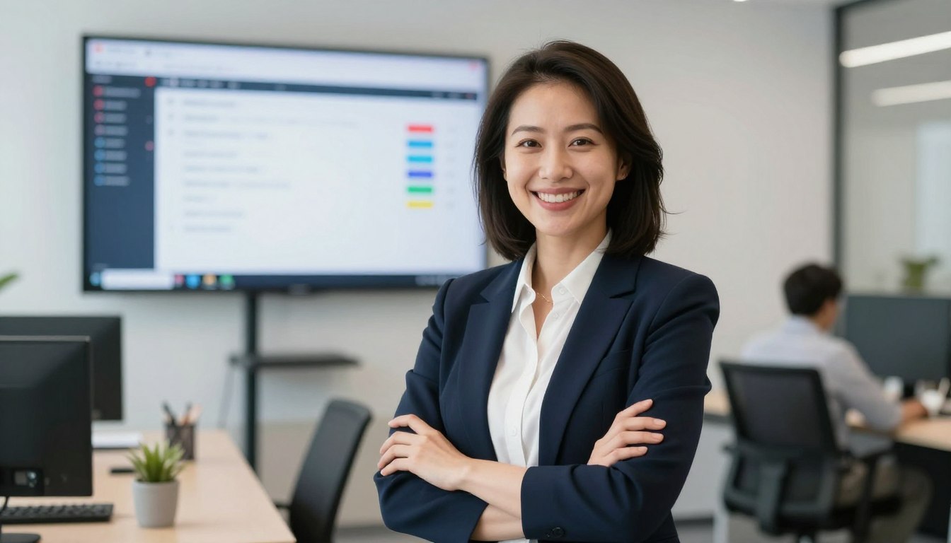 Happy school principal with successful digital transformation