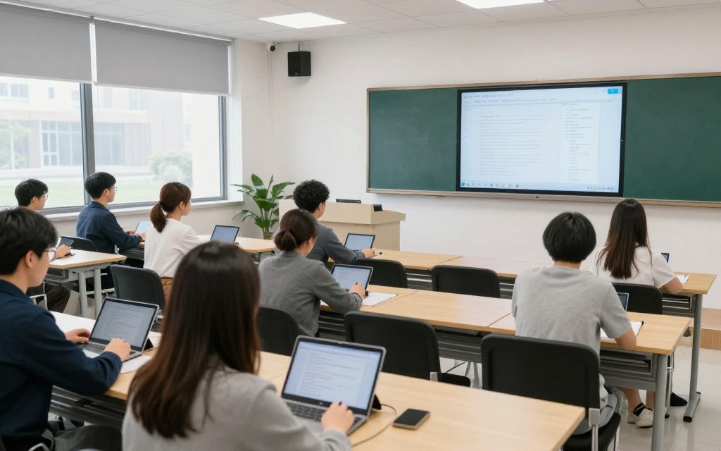Coaching institute classroom with students using tablets
