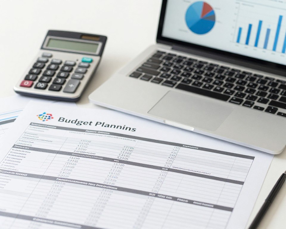 Budget planning with calculator and financial charts
