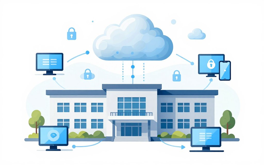 Cloud computing concept with educational institution data in the cloud