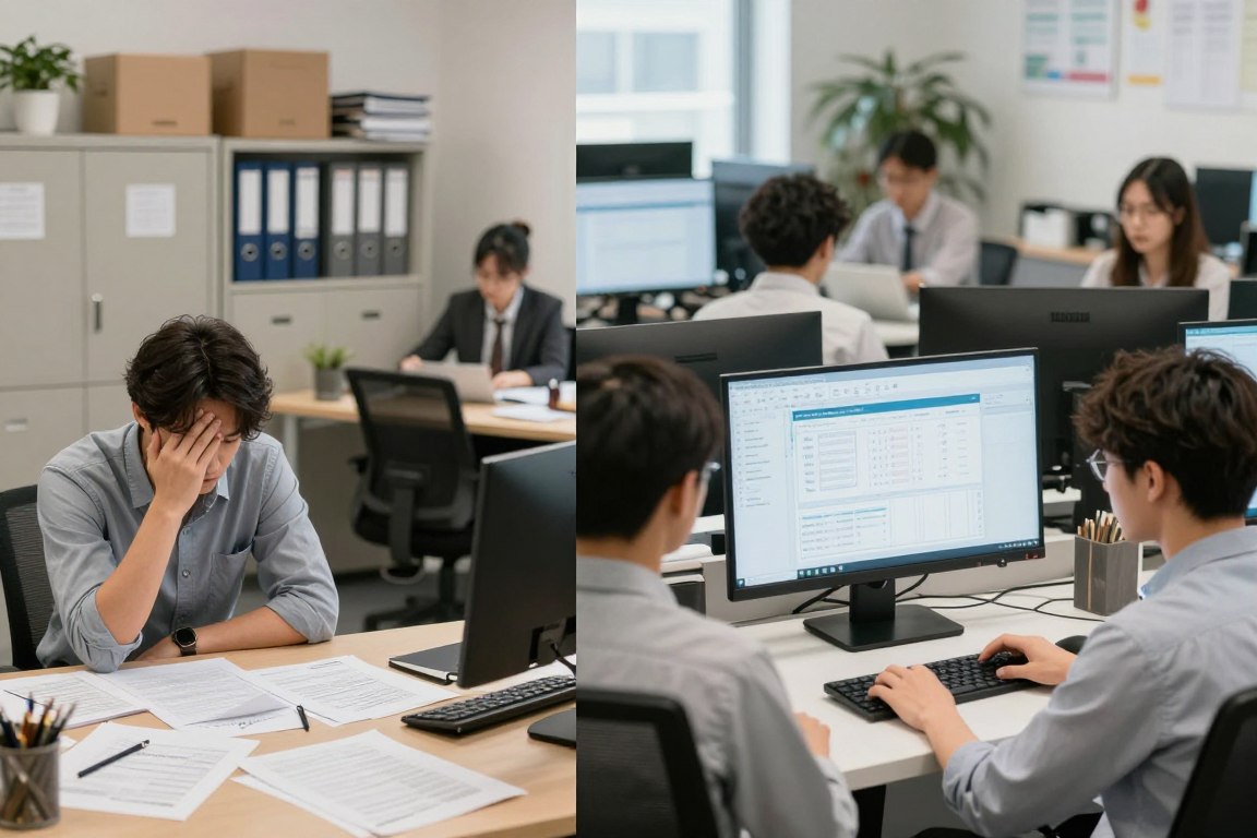 Before and after comparison showing manual vs automated school operations