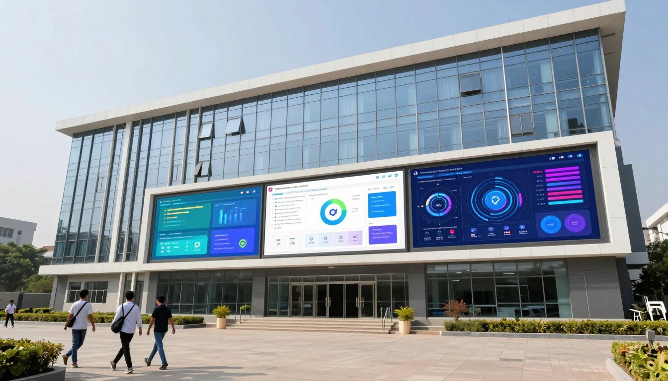 Modern educational institute with digital management system interface displayed on screens