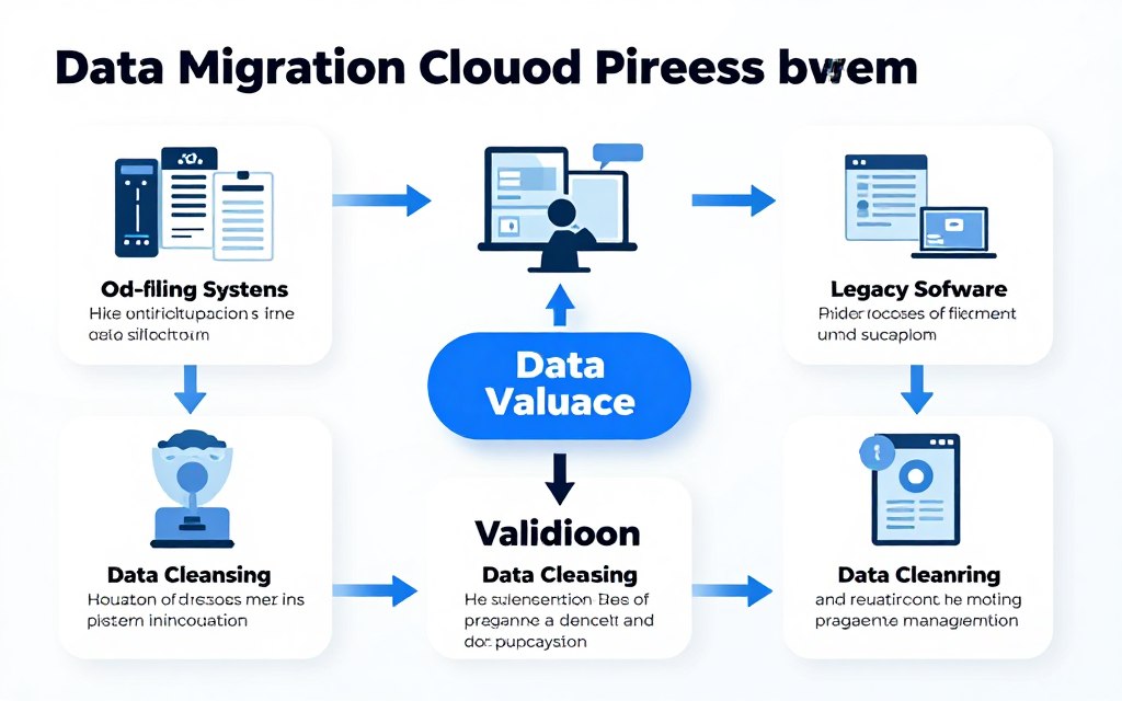 Data migration process illustration showing transfer from old to new system