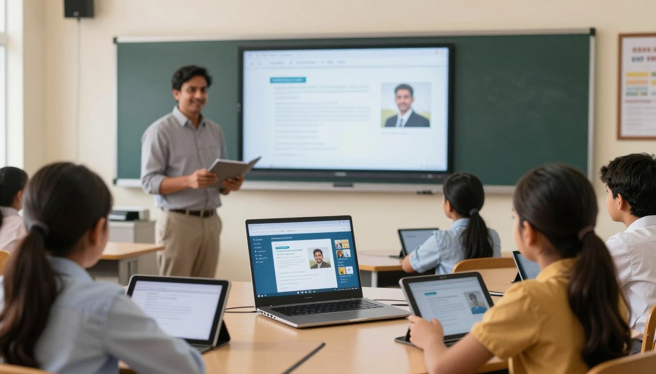 Teacher using learning management system for digital lesson delivery