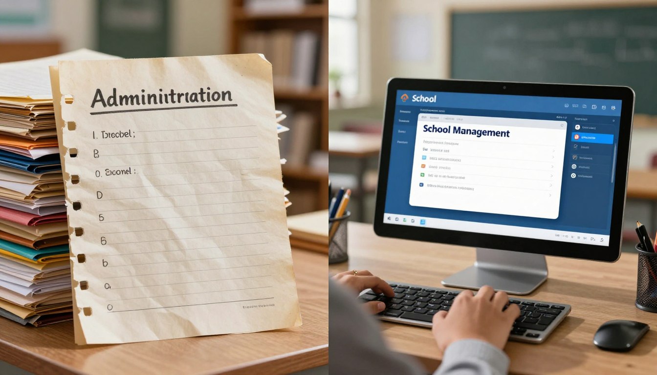 Comparison showing transformation from paper-based to digital school management