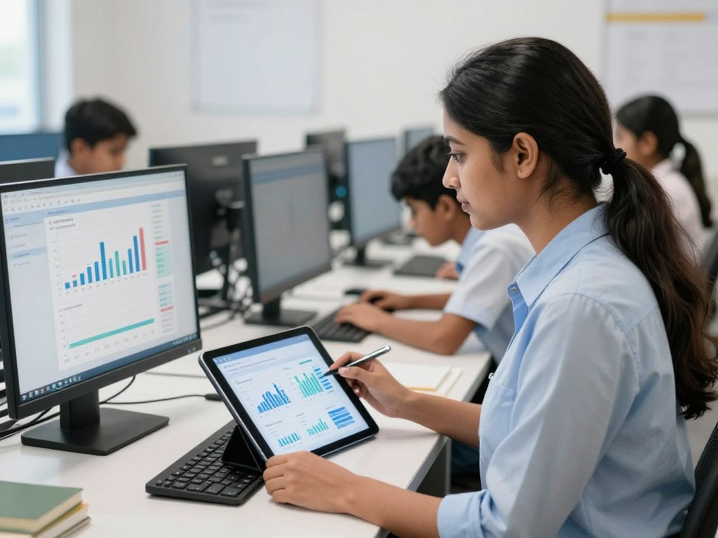 Teacher analyzing student performance data for personalized instruction