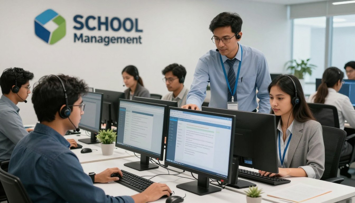 Noida-based school management software company office with support team