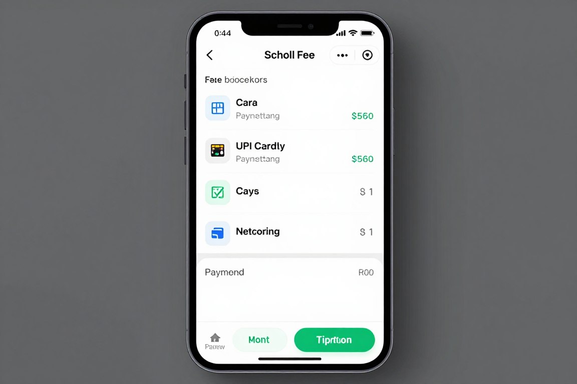 Online fee payment interface on mobile app showing payment options
