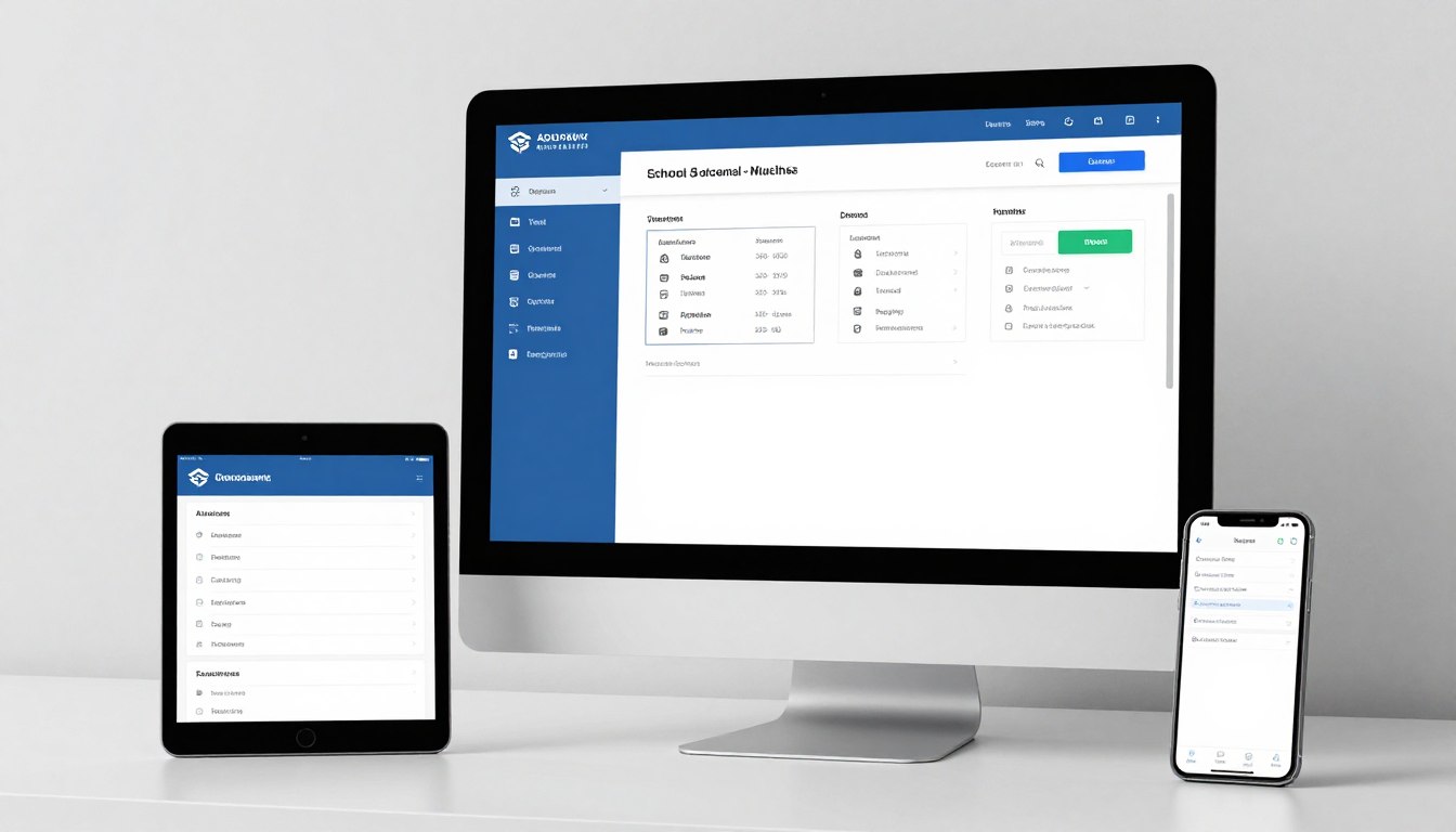 Feature showcase of school management software modules on multiple devices