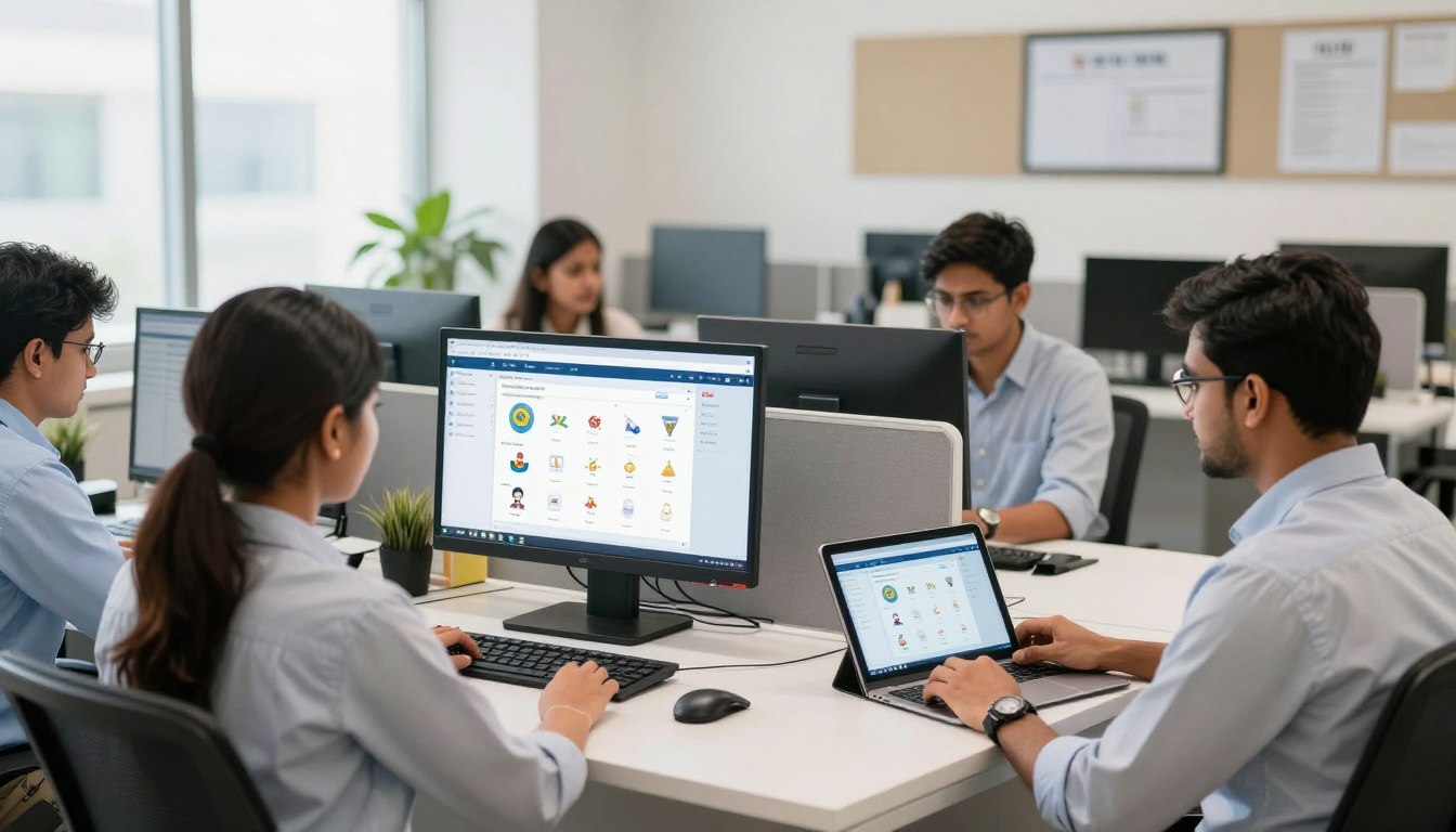 Modern school administration office in Noida using school management software on computers and tablets
