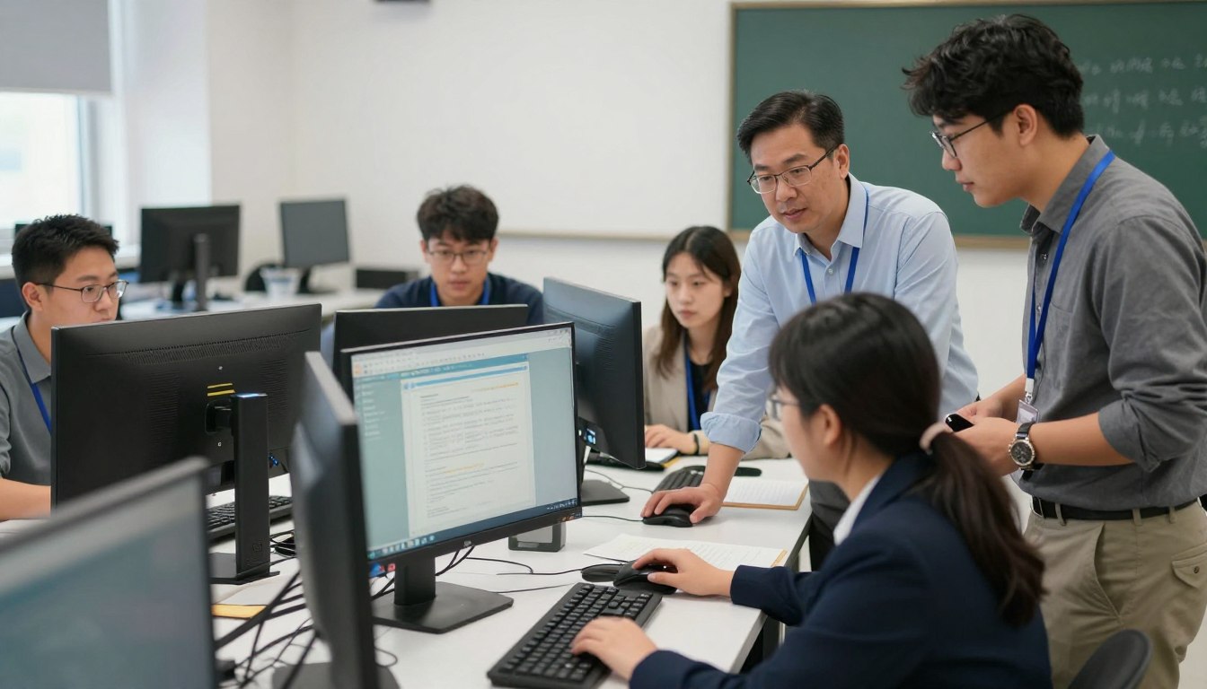 School team implementing new management software with training and setup