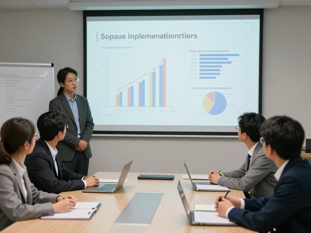 Post-implementation review meeting analyzing software adoption metrics